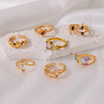  Модное нерегулярное кольцо из нержавеющей стали для женщин Позолоченное красочное цирконовое кольцо с сердцем Эстетические ювелирные изделия в подарок